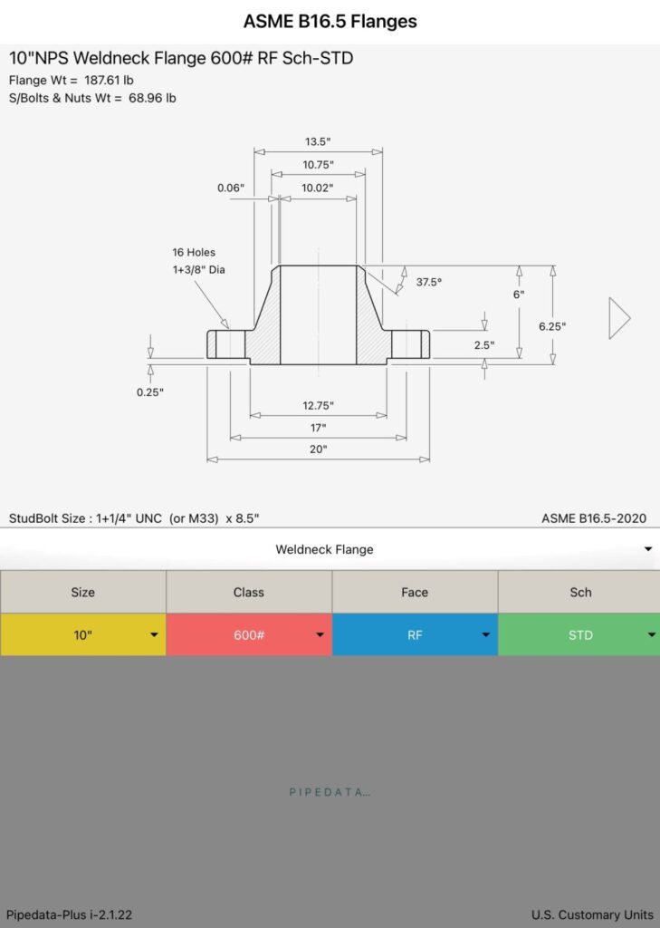 ASME 16.5 Flange size 10" Class 600 WNRF